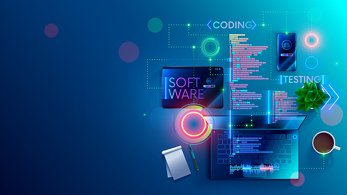 Ein computergeneriertes Bild stellt verschiedene Endgeräte und Codes dar