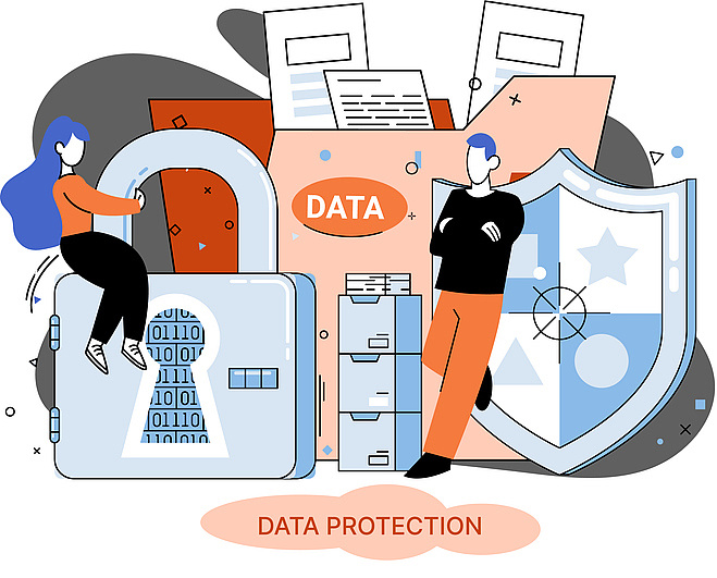 Data protection, privacy, internet security. Secure data management protect data from hacker attacks metaphor