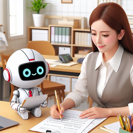 süßer Roboter und eine Lehrerin korrigieren Prüfungen in einem Büro