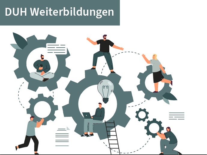Illustration für die DUH Weiterbildungen, viele Menschen arbeiten zusammen