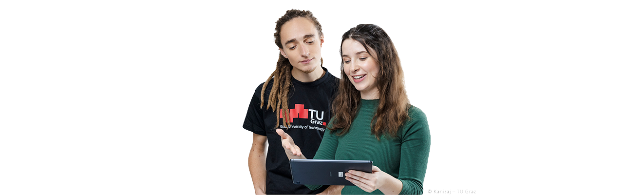 zwei Student*innen der Tu Graz blicken in ein Tablet als Banner