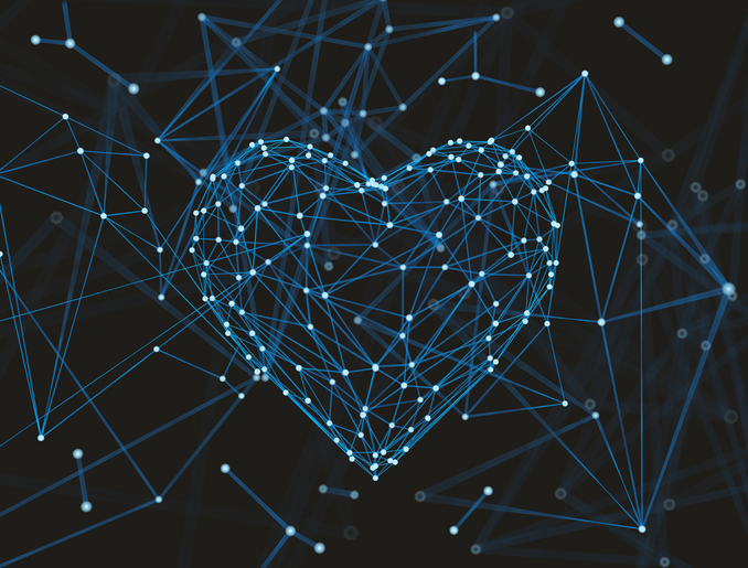 Eine netzwerkartige Darstellung wo Knotenpunkte ein Herz ergeben