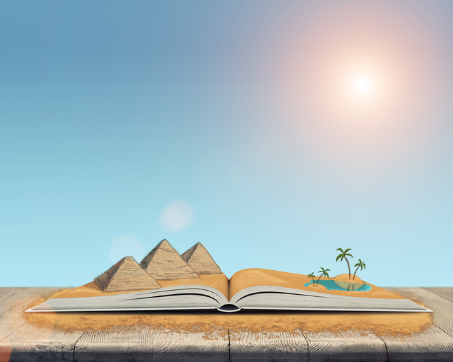 Illustration von einem aufgeklappten Buch in der Wüste. Auf einer Seite befindet sich eine Oase. Hinter dem Bild sind Pyramiden zu sehen.